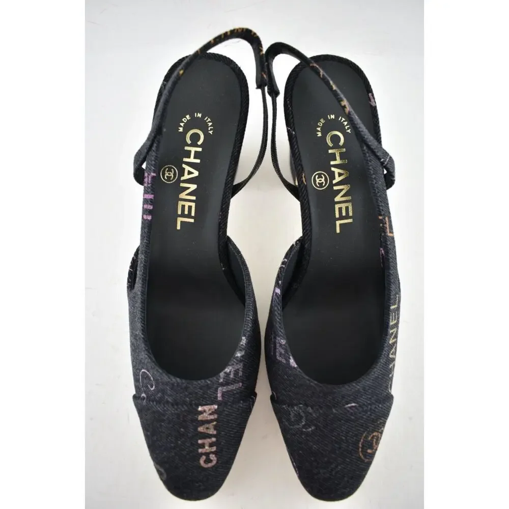Chanel 22P Mademoiselle Coco Sling Black Grey Denim Slingback Sandal Heel 37.5 - Picture 7 of 12